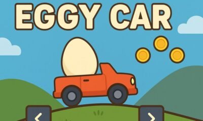 Eggy Car gameplay image showing an orange car balancing a giant egg on hilly terrain with coins – physics driving game