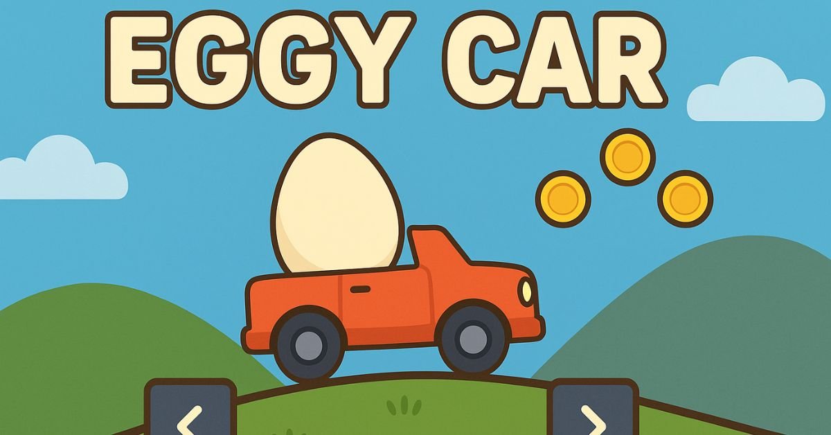 Eggy Car gameplay image showing an orange car balancing a giant egg on hilly terrain with coins – physics driving game