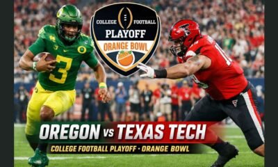 Oregon Ducks quarterback runs past a Texas Tech defender during the College Football Playoff Orange Bowl quarterfinal at Hard Rock Stadium in Miami Gardens.