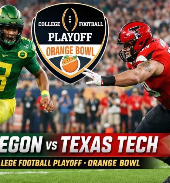Oregon Ducks quarterback runs past a Texas Tech defender during the College Football Playoff Orange Bowl quarterfinal at Hard Rock Stadium in Miami Gardens.