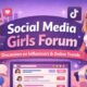 Illustration representing a social media girls forum with online discussion threads, influencer profiles, and social media icons symbolizing digital communities and influencer conversations.