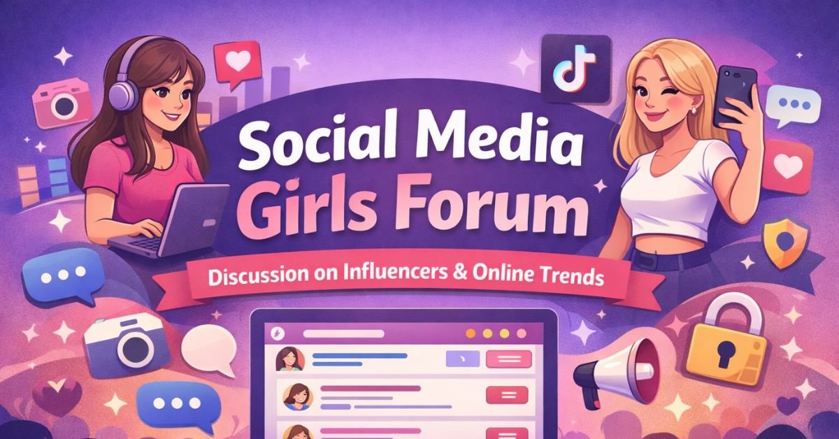 Illustration representing a social media girls forum with online discussion threads, influencer profiles, and social media icons symbolizing digital communities and influencer conversations.