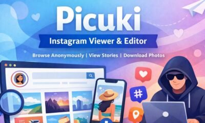 Picuki Instagram viewer and editor interface showing anonymous browsing, story viewing, and photo downloading on desktop and mobile devices.