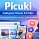 Picuki Instagram viewer and editor interface showing anonymous browsing, story viewing, and photo downloading on desktop and mobile devices.