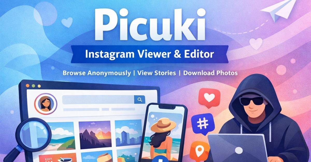Picuki Instagram viewer and editor interface showing anonymous browsing, story viewing, and photo downloading on desktop and mobile devices.