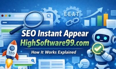 seo instant appear highsoftware99.com concept showing fast SEO ranking, search engine results, rocket launch from laptop and AI robot optimization