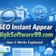 seo instant appear highsoftware99.com concept showing fast SEO ranking, search engine results, rocket launch from laptop and AI robot optimization