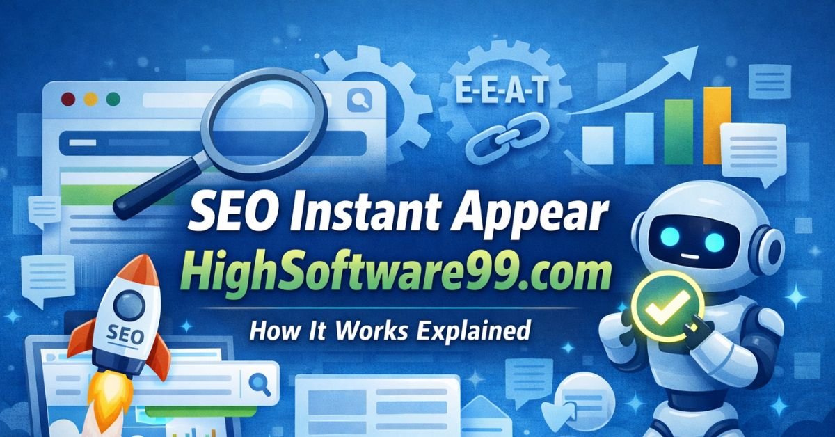 seo instant appear highsoftware99.com concept showing fast SEO ranking, search engine results, rocket launch from laptop and AI robot optimization